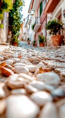   A cobblestone street with potted plants lining both sides