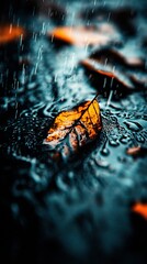   A leaf floats in a puddle on a wet surface, with droplets on the ground nearby