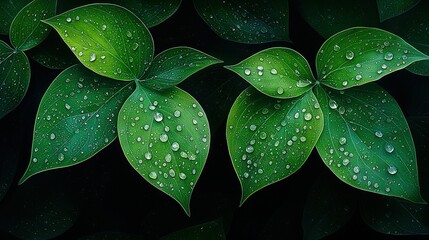 Canvas Print -   A collection of emerald foliage with droplets of water, set against a black canvas