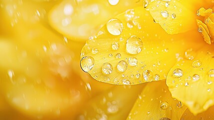 Wall Mural -   A macro shot of a yellow blossom with dew droplets nearby and a yellow bloom in the focal point