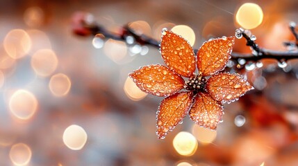 Canvas Print -   A macro shot of a blossom on a bough, drenched by dewdrops, against a blurred backdrop