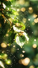 Canvas Print -   focused image of a solitary green leaf with droplets of water on it, against a slightly blurred background of other leaves