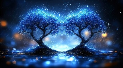 Wall Mural -   A few trees on a lake with a clear sky and starry night in the background