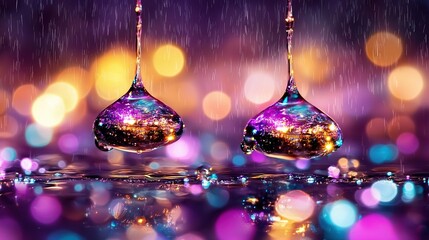 Wall Mural -   A drop of water atop a purple-blue surface with colorful background lights