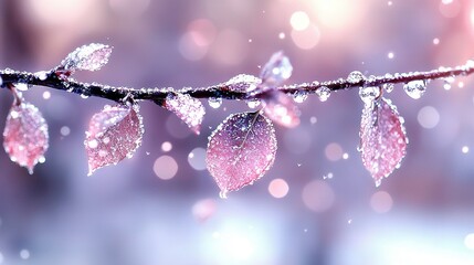 Canvas Print -   Close-up of a branch with water droplets and blurred leaf background