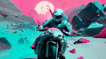 Wall Mural - Futuristic post-apocalypse action scene with hero in sci-fi style. Vaporwave surreal shot with pink and blue smoke