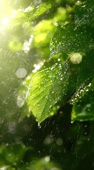 Canvas Print -   Green leaf, droplets of water, and shining sun in close-up