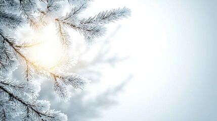 Wall Mural -   A tight shot of a pine tree limb, illuminated by the sun, with snow covering the foliage