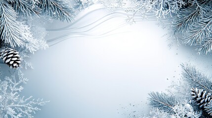 Wall Mural -  A white-blue background featuring pine cones and needles in the foreground and cones in close-up