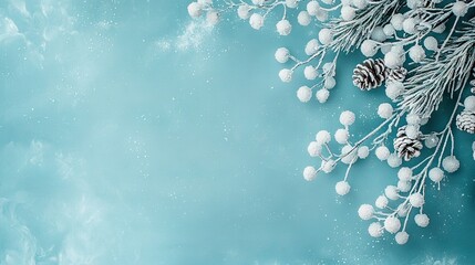 Wall Mural -   A snow-covered tree branch on a blue background, adorned with pine cones and snowflakes