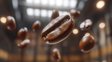 Freshly Roasted Coffee Beans Floating in an Industrial Setting, 8K High-Resolution Photo