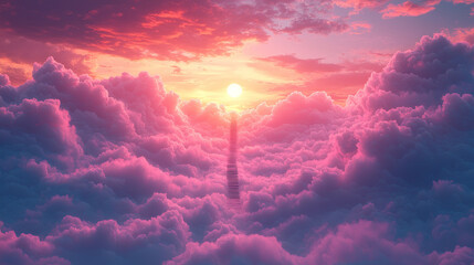 Canvas Print - A staircase leading up to the sun through pink clouds.