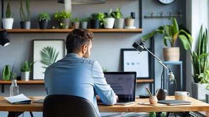 Aufkleber - A man sits at a stylish wooden desk, focused on his laptop surrounded by vibrant plants and decorative art. Sunlight fills the room, creating a serene workspace.