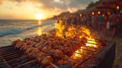 Poster - Grilled skewers over flames with a sunset over the ocean in the background.