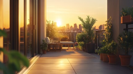 Wall Mural - serene balcony at sunset with cityscape view