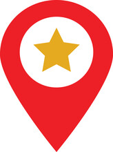 Favorite location icon . Red location pin with star icon . Map pointer with star icon vector