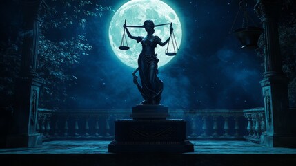 Wall Mural - mystical justice: lady justice statue under full moon