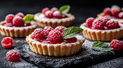 Delicious raspberry tarts with mint on a black surface, perfect for dessert lovers