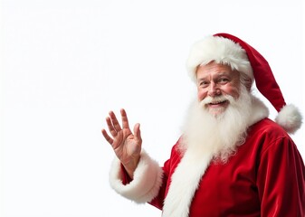 Santa Claus with cheerful smile waving hello against white background with copy space