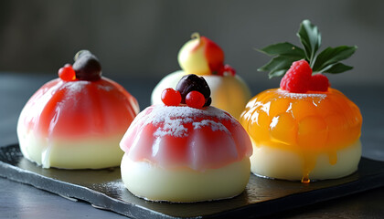 Delicious Fruit Mousse Desserts on Black Plate