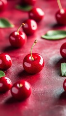 Wall Mural - Fresh, Ripe Red Cherries Arranged on Vibrant Background with Green Leaves, Delicious Summer Treat