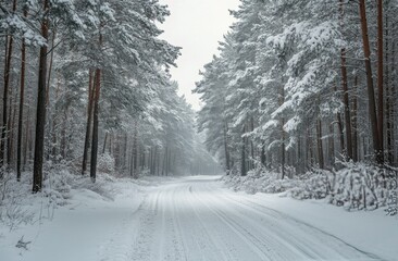 Wall Mural - Snow-covered forest road winding through tall trees on a winter morning in a serene landscape