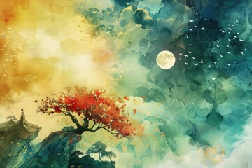 Wall Mural - a serene landscape featuring a tree under the light of a full moon