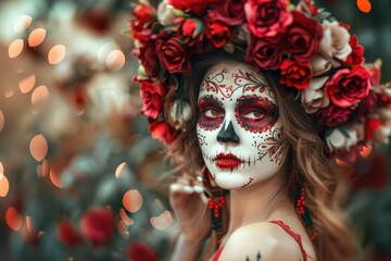 Canvas Print - A woman adorned with sugar skull makeup and flowers in her hair, perfect for Dia de los Muertos or Halloween-themed celebrations