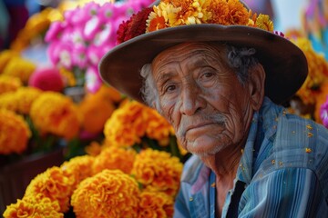 Wall Mural - A senior gentleman sporting a unique hat adorned with flowers, perfect for everyday use or as a prop for creative projects