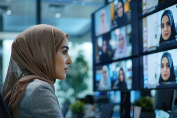 Wall Mural - A woman wearing a hijab sitting in front of a computer, possibly working or browsing online