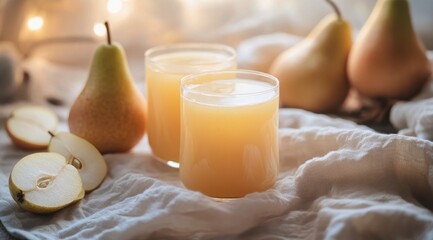 Wall Mural - Refreshing pear juice served in glasses alongside fresh pears on a beige linen cloth