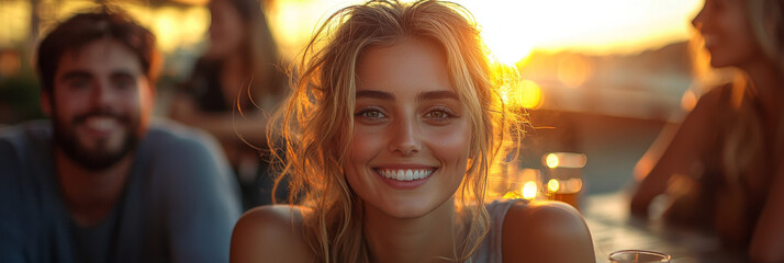 Wall Mural - A young woman smiles brightly, with friends behind her, as the sun sets in the background.