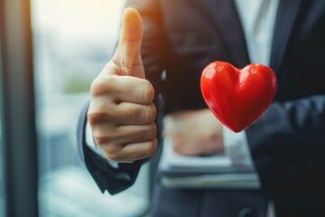 Wall Mural - A person in a business suit holding a red heart and giving a thumbs up, perfect for conveying positive emotions