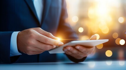 Wall Mural - A man in a suit is holding a tablet in his hand