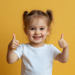 happy girl 2 years old in a white t-shirt shows thumbs up, yellow background behind