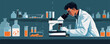 © Viacheslav - Scientist working in a laboratory with a microscope and test tubes. Vector flat minimalistic isolated illustration.