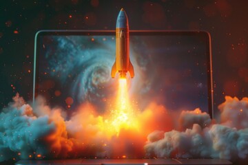 Canvas Print - a futuristic scene of a rocket taking off with a laptop computer in the foreground