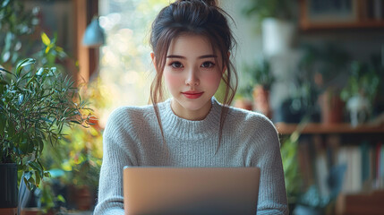 Poster - Young woman working on laptop.