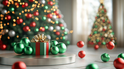 A round silver podium with green and red balloons, a Christmas gift box with a golden bow, and a beautifully decorated Christmas tree in the background.