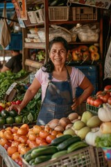 Poster - A woman stands at a table filled with fresh vegetables, ideal for use in food photography or advertising healthy eating