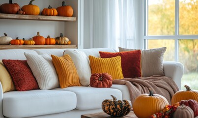 Poster - Cozy autumn living room adorned with pumpkins and warm hues near a sunlit window