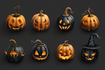 Sticker - A collection of Halloween pumpkins arranged on a black background, ideal for seasonal decoration or design projects