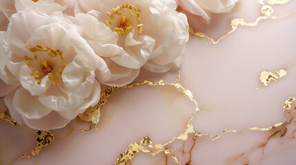 Soft pink marble ink background with white flowers and gold accents for elegant decor ideas