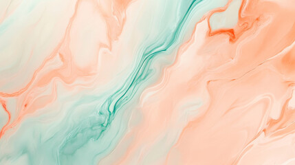 Poster - Soft pastel liquid marble texture with flowing shades of peach and mint, creating a calming, serene abstract background.