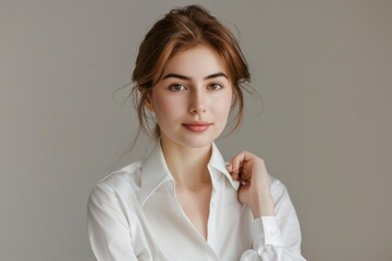 Canvas Print - A woman posing for a photo wearing a white shirt, ready for capture