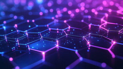 Futuristic hexagon grid in shades of dark purple and blue, with glowing connections representing the complexity and flow of a digital network system.