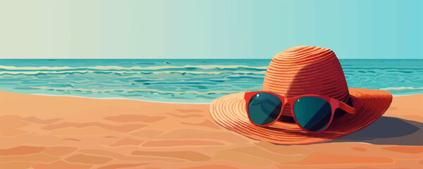 A pair of sunglasses resting on a sun hat at the beach. Vector flat minimalistic isolated illustration.