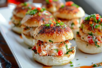 Mouthwatering mini crab cake sliders topped with red bell peppers and green onions are served on a white plate