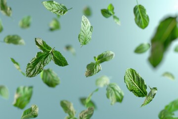 Sticker - Aerial view of green leaves suspended in mid-air, great for nature and environment concepts