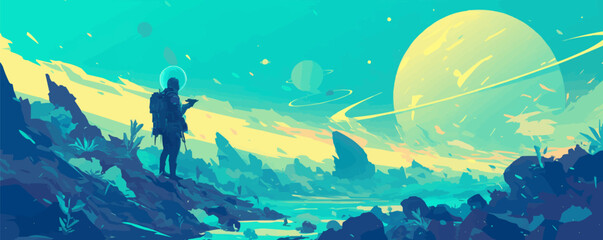 Wall Mural - create an artwork of a futuristic space explorer discovering alien ruins on a distant planet. vector